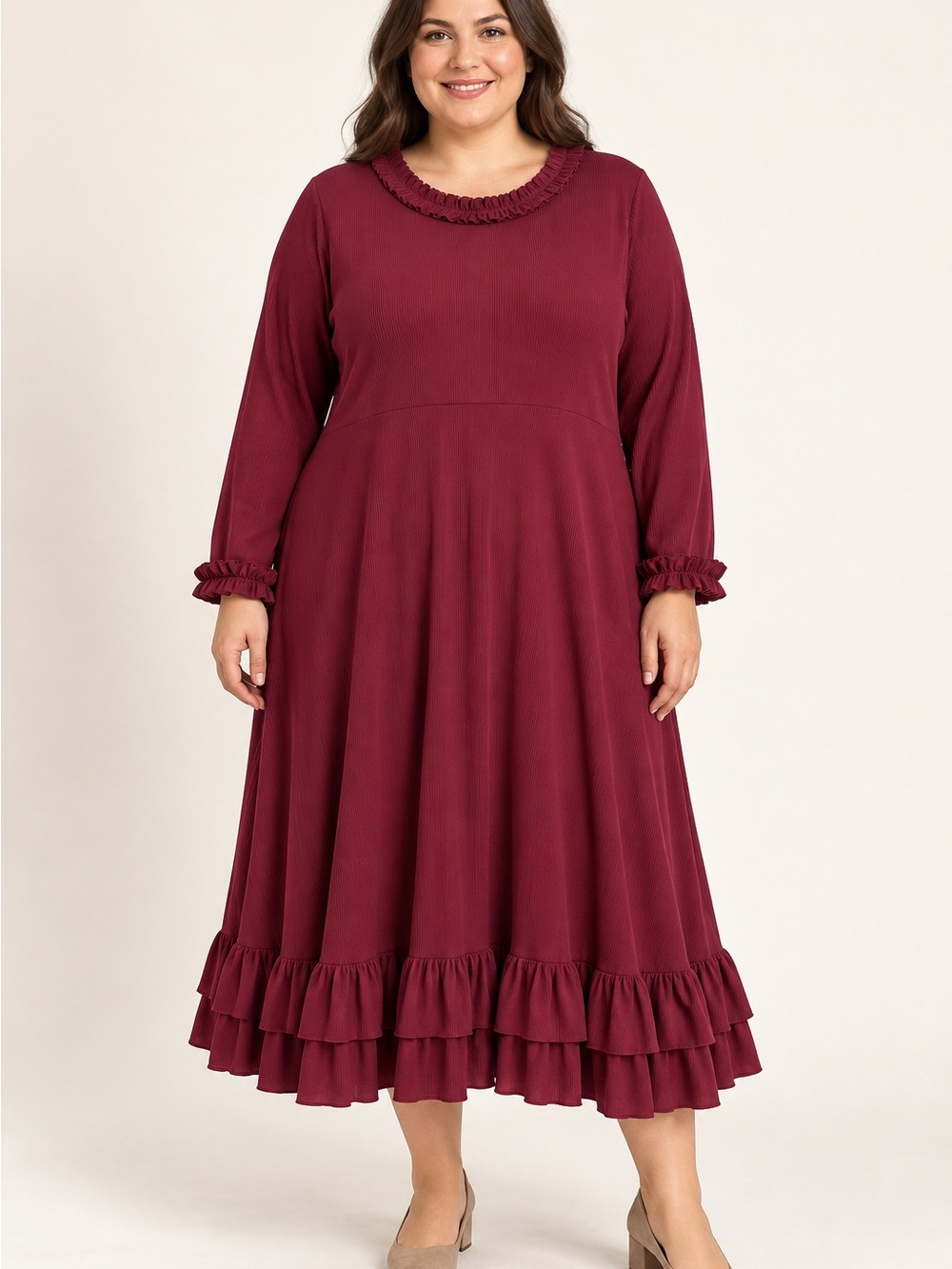 Dainty Jewells 4XL Burgundy Ribbed Long Sleeve Ruffle Trim Modest Dress